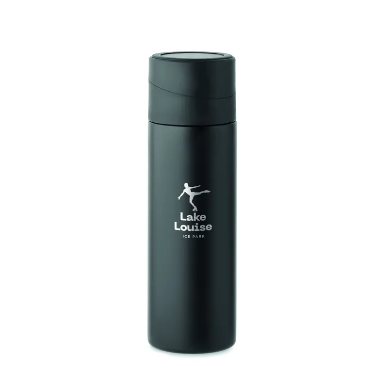 Lampone – Thermos in acciaio inox riciclato 420 ml, colore Nero, esempio di stampa
