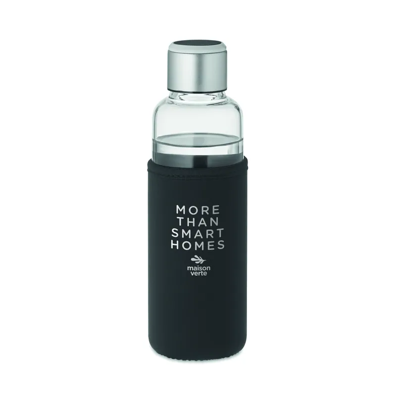 Sabbia – Set con borraccia in vetro borosilicato 500 ml, colore Nero, esempio di stampa