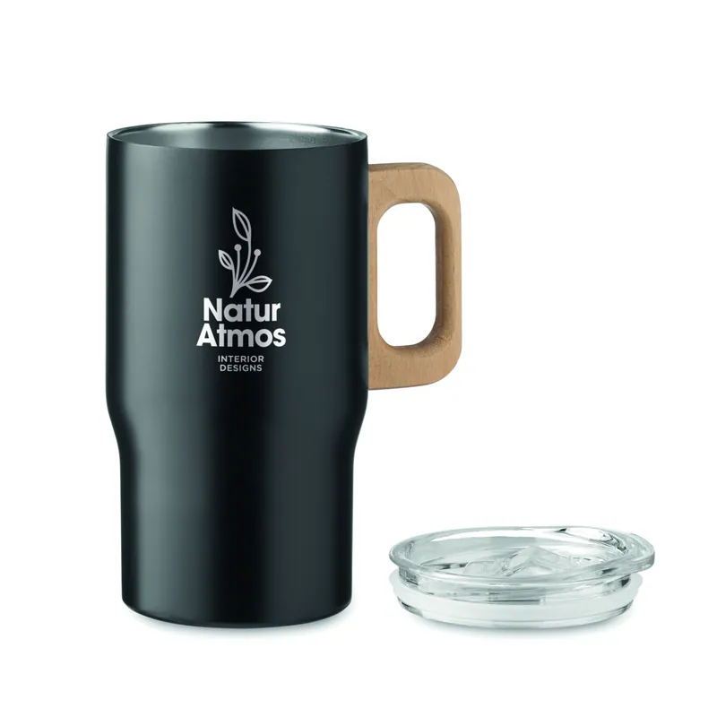 Stella alpina – Bicchiere riutilizzabile in acciaio inox riciclato 350 ml, colore Nero, esempio di stampa