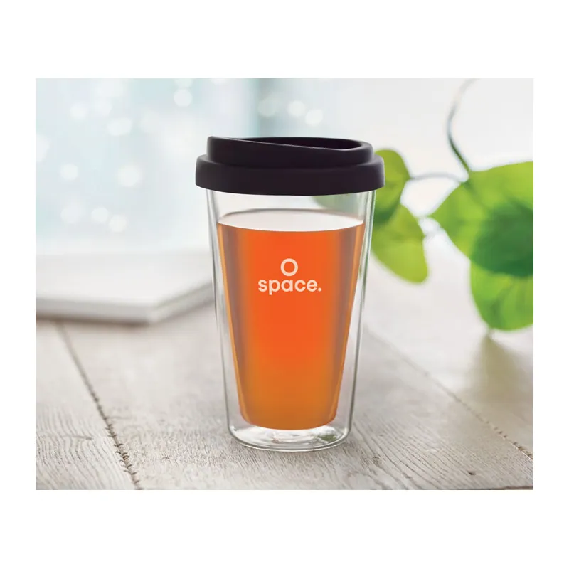 Mirtillo – Bicchiere riutilizzabile in vetro borosilicato 350 ml, colore Nero, esempio di stampa